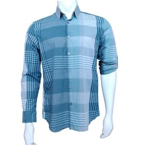 Alfani Mens Button Down Shirt Medium Teal Blue Plaid 100% Cotton Long Sleeve